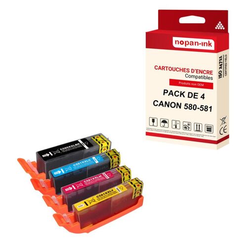 NOPAN-INK - x4 Cartouche compatible pour CANON PGI 580 XL - CLI 581 XL PGI 580XL - CLI 581XL Noir + Cyan + Magenta + Jaune 2078C001