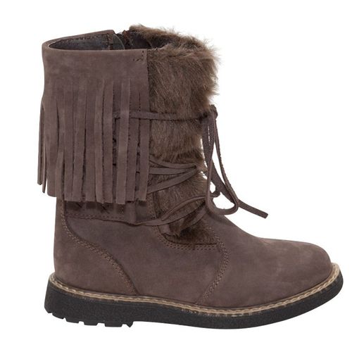 Chaussures Bottines En Cuir Laçage Avec Fausse Fourrure Et Franges Chocolat