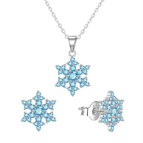 Parure En Argent Flocons De Neige Avec Zircon Cubique Bleu Agt-Set02lb (Chaîne, Pendentif, Boucles D'oreilles)
