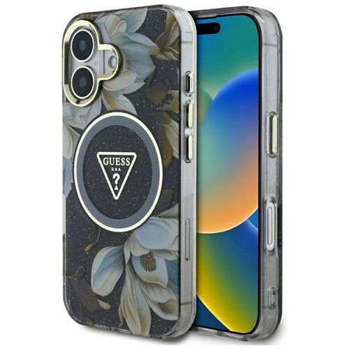 Coque Guess Glitter Flowers Triangle Buttons MagSafe pour iPhone 16 (noir)