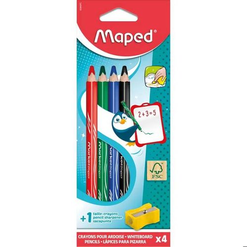 Crayons De Couleur Effaçables À Sec - Maped - Marker'peps - Mine Grasse - Bois Fsc - 4 Couleurs