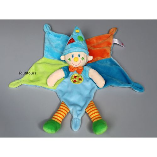Doudou clown étoile plat bleu orange vert Nicotoy