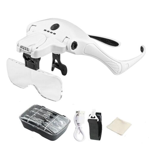 Loupe Avec Bandeau Eclaire Par Led, 5 Lentilles Amovibles, Loupe Interchangeable 1,0x3,5x
