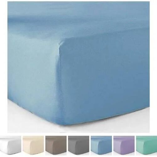 Drap Housse - Coton - 90x190 Cm - Bleu - 57 Fils/Cm² - Bonnet 27 Cm