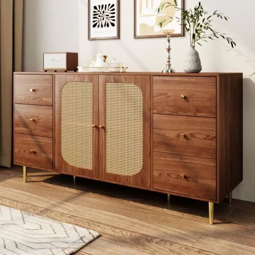 Buffet - MUVOE - 160 x 40 x 90 cm - 2 portes - 3 tiroirs - Rotin et bois