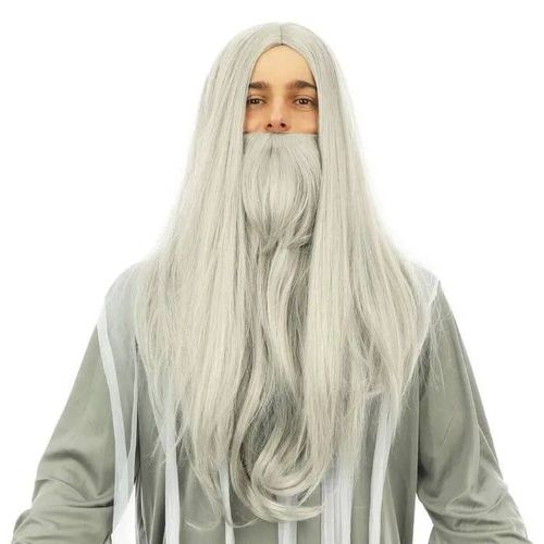 Perruque Et Barbe Mage - Ptit Clown - 24002 - Accessoire Déguisement Carnaval, Halloween, Cosplay, Fête - Gris