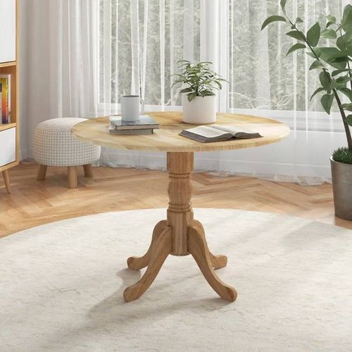 COSTWAY Table à Manger Ronde de 100 cm pour 4 Personnes - en Bois de Caoutchouc avec Piédestal Vintage Naturel