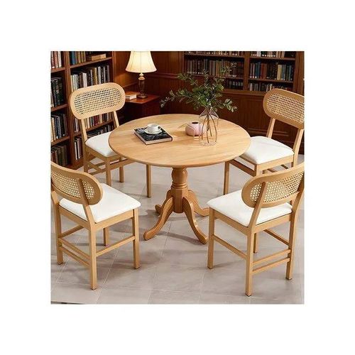 Costway Ensemble 5 Pièces Table À Manger Ronde En Bois Et 4 Chaises En Similicuir Dossier En Rotin Cannage Pour 4 Personnes Naturel