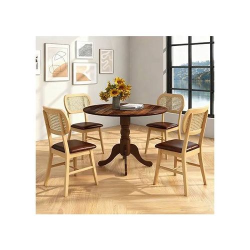 Costway Ensemble 5 Pièces Table À Manger Ronde En Bois Et 4 Chaises En Similicuir Dossier En Rotin Cannage Pour 4 Personnes Vintage