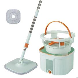 Serpillère COSTWAY avec Seau et 2 Tampons Réutilisables, Balai Rotative à 360°avec Essoreuse, Fonction Lavage et Séchage