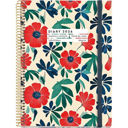Agenda Semainier 2026 Format A5+ (155 X 213 Mm), Couverture Rigide En Carton, Spirale, Fermeture Élastique, Papier 80 G/M², Es-En-Pt, Anémone