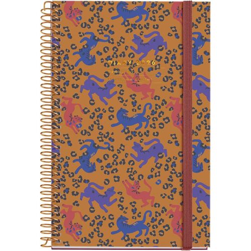 Agenda Journalier 2026 Journalier A6+ (117 X 182 Mm), Couverture Rigide En Carton, Spirale, Fermeture Élastique, Papier 80 G/M², Es-En-Pt, Léopard