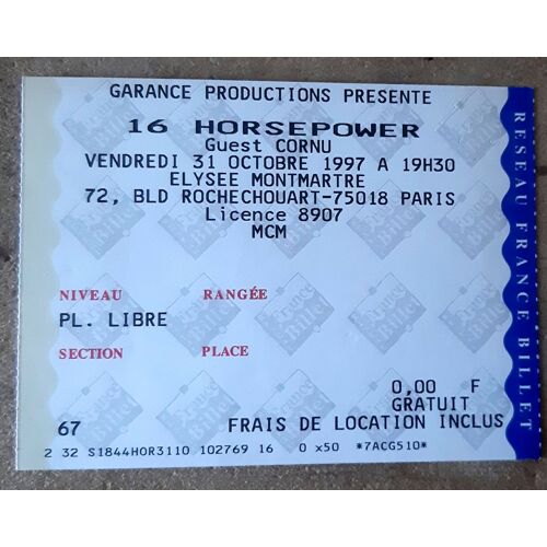 Ticket Billet Place Concert 16 Horsepower 1997 Paris