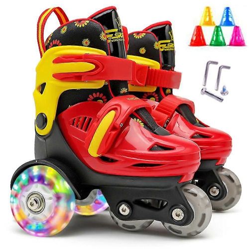 Patins A Roulettes Quadruples Pour Enfants, Threepointbalancesupportdesignsize, Frein Reglable, Double Eclairage, Tige Haute (Noir Et Rouge)