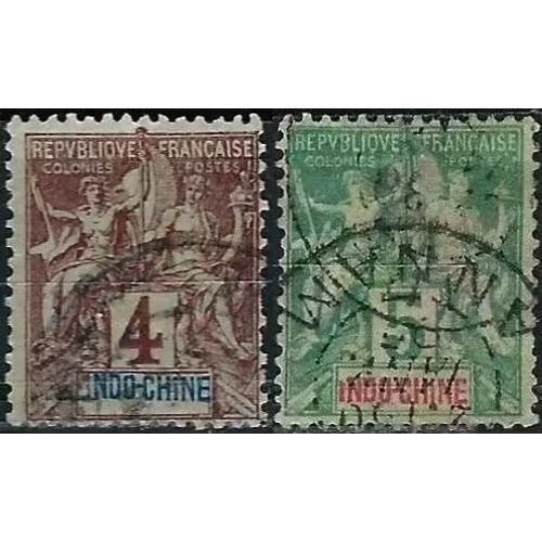 Indochine (Actuel Vietnam), Colonie Française 1892 / 1896, Beaux Timbres Yvert 5 Et 6, Type Sage "Colonies" 4c. Lilas Brun Sur Gris Et 5c. Vert, Oblitérés Cachets Ronds, Tbe.
