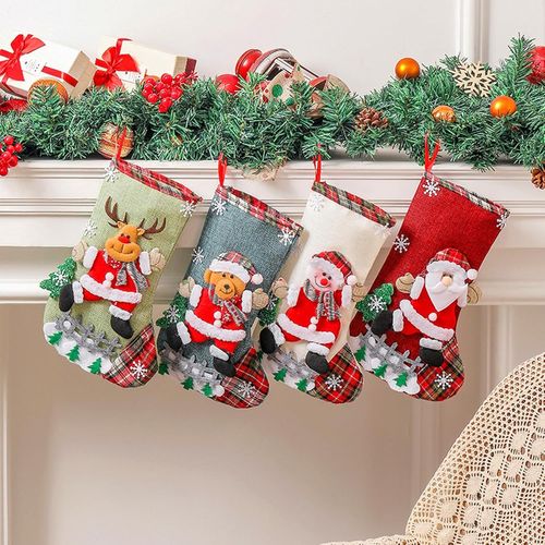 Chaussettes de Noël, Lot de 4 Bas de Noël Personnalisés, Chaussettes de Noël à Suspendre, 3D de Noël Chaussette, Sac Cadeau Bas De Noël, pour Décoration Noel Cheminée Sapin Sac de Bonbons (20x30cm)