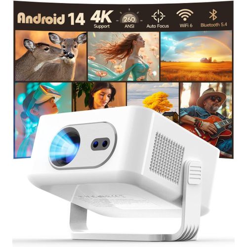 Projecteur Android 14, Mini projecteur 4K et 8K avec Wi-FI 6 Double Bande, BT 5.4, Prise en Charge 260 ANSI, Mise au Point Automatique et Correction trapézoïdale pour projecteur Home cinéma