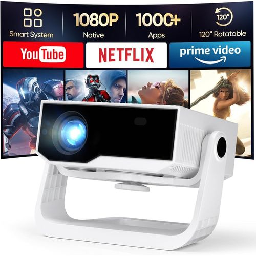 Projecteur Intelligent 2025 avec WiFi et Bluetooth, Keystone Automatique 350 ANSI natif 1080p 4K, Support vidéo projecteur Portable extérieur intérieur avec Application intégrée