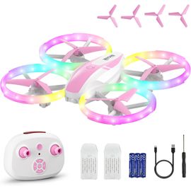 Drone Enfant, Mini Avion Télécommandé Avec Lumières Led, 360°Rotation, Décollage En Un Clic Et 2 Batteries, Idéal Jeux Intérieur Et Extérieur, Jouet Cadeau Pour Garçons Et Filles (Rose)