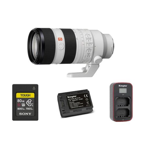 Sony FE 70-200mm f2.8 GM OSS II (SEL70200GM2) + Sony 80GB CFexpress Type A TOUGH Memory Card + Kingma 2000mAh Battery (Sony NP-FZ100) + Kingma Sony NP-FZ100 LCD Dual USB charger
