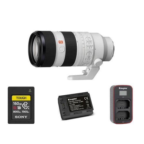 Sony FE 70-200mm f2.8 GM OSS II (SEL70200GM2) + Sony 160GB CFexpress Type A TOUGH Memory Card + Kingma 2000mAh Battery (Sony NP-FZ100) + Kingma Sony NP-FZ100 LCD Dual USB charger