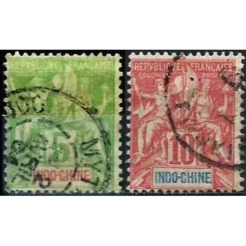Indochine (Actuel Vietnam), Colonie Française 1900, Beaux Timbres Types Sage "Colonies", Yvert 17, 5c. Vert Jaune Et 18, 10c. Rouge, Oblitérés, Tbe -