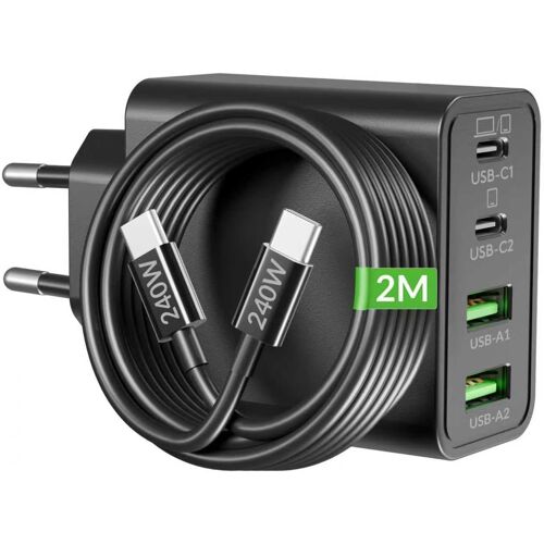 KALANKA-65W Chargeur USB C, 4-Port GaN PD/PPS Rapide Charge Prise et 240W 2M Câble pour MacBook Pro/Air, Laptop, iPad, iPhone 17/Pro Max/16/15, Samsung S26 S25 S24 Ultra, USBC USB-A Adaptateur Type-C
