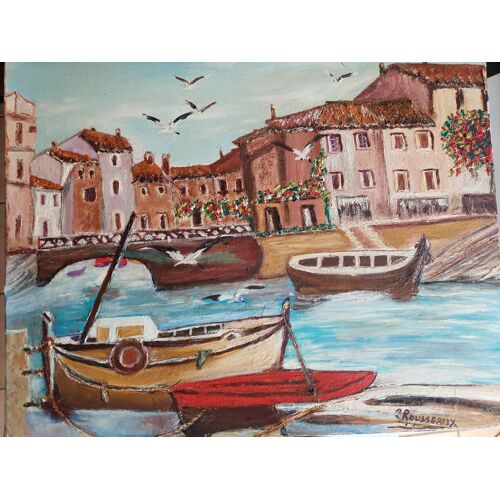 Tableau Sur Toile De Martigues, Pont Et Quais, Maisons, Peinture Signée Rousseaux, 1994, 45 Cm X 38 Cm