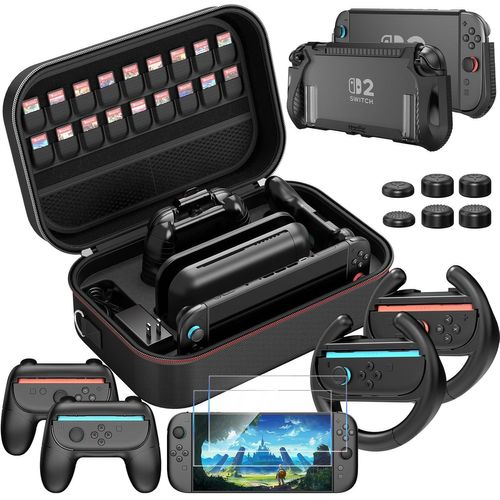 Grand étui de transport pour Nintendo switch 2，Accessoires avec Housse de Protection Switch 2, Dockable Coque pour Switch 2 Film Trempé Volant de Course et Grip Joy-Con pour Manette Nintendo Switch 2