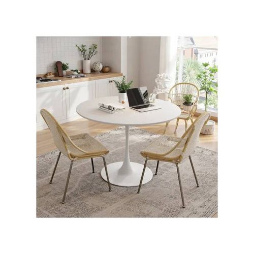Table À Manger Ronde Contemporaine De 47,24 Pouces, Plateau Laminé À Quatre Couches Avec Panneau En Bois Massif Blanc