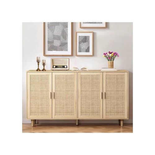 Armoire - MUVOE - 4 portes - Rotin - Marron - Design classique intemporel