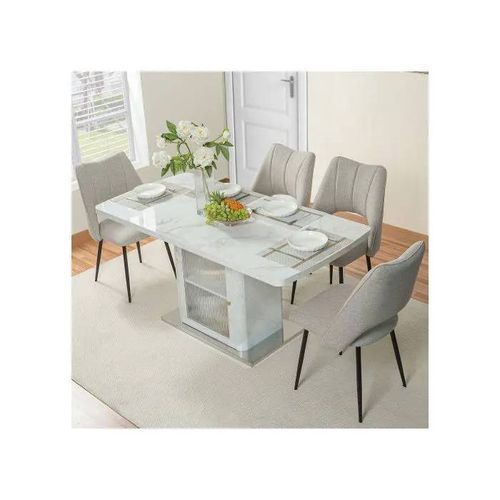 Table À Manger Rectangulaire Moderne, 120 Cm À 160 Cm, Extensible, Avec Plateau En Marbre Blanc Imprimé