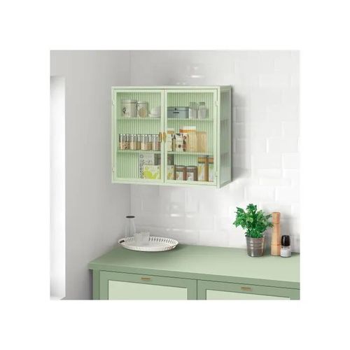 Armoire murale - MUVOE - 70 cm - Double porte vitrée - Vert menthe - 3 niveaux de rangement