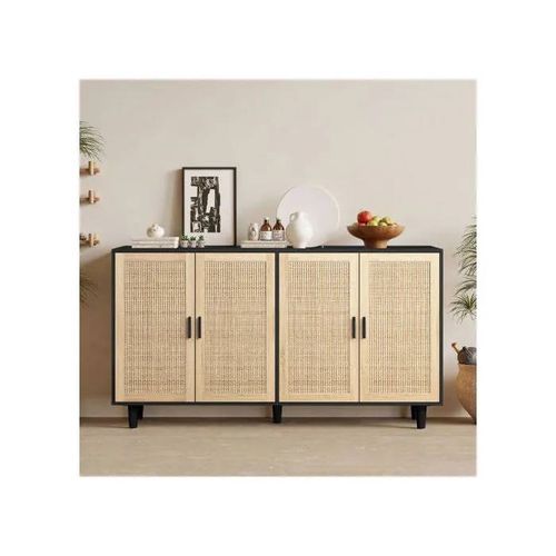 Meuble de rangement - MUVOE - 4 portes - Noir - Rotin - Étagère réglable