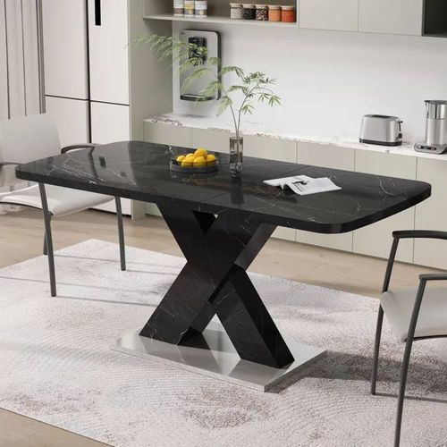 Table À Manger Rectangulaire Moderne, 120 Cm À 160 Cm, Extensible, Avec Plateau En Marbre Imprimé Noir
