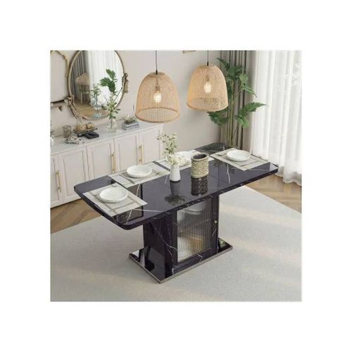 Table À Manger Rectangulaire, 120 Cm À 160 Cm, Extensible, Avec Plateau En Marbre Imprimé Noir