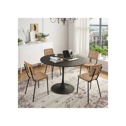 Table À Manger Ronde Contemporaine De 47,24 Pouces, Avec Un Plateau En Quatre Parties Assemblées Et Une Finition En Bois Massif Noir