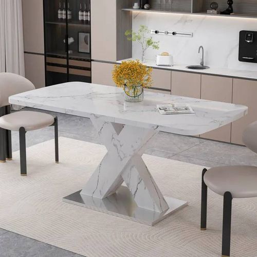 Table À Manger Rectangulaire Moderne 120 Cm-160 Cm, Extensible Avec Plateau En Marbre Blanc Imprimé