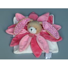 Doudou lapin plat rose blanc beige pétales Collector Doudou et Compagnie
