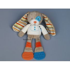Doudou lapin beige blanc bleu orange dentition Tex Baby
