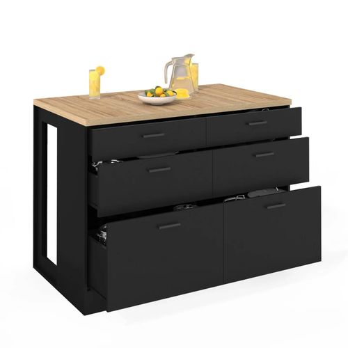 Ilot central mange-debout ORSO 120 cm casserolier 6 tiroirs noir et plateau bois