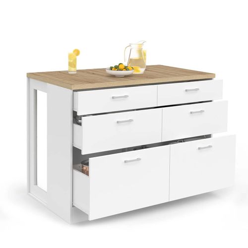 Ilot central mange-debout ORSO 120 cm casserolier 6 tiroirs blanc et plateau bois