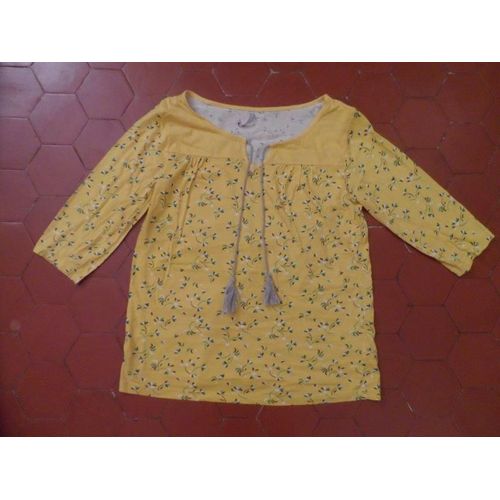 Tee-Shirt Jersey Coton Imprimé Fleurs Fond Jaune Blanche Porte
