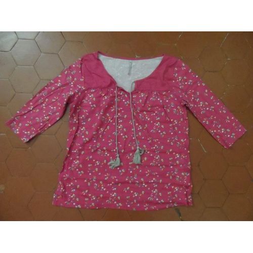 Tee-Shirt Jersey Coton Imprimé Fleurs Fond Rose Foncé Blanche Porte