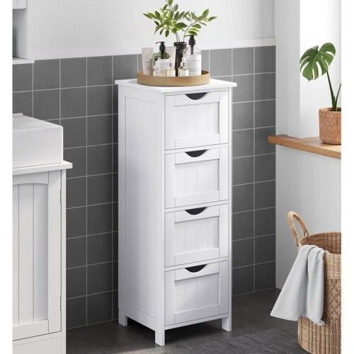 VASAGLE Meuble de Salle de Bain, 4 Tiroirs, 30 x 30 x 82 cm, Meuble bas commode SDB, Blanc