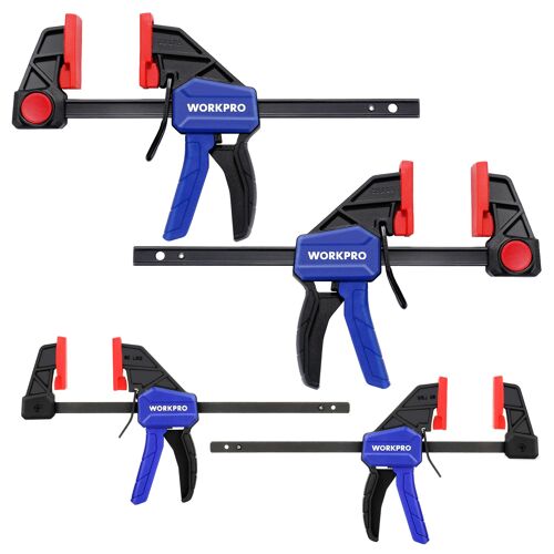 4 Serre-Joints à Une Main WORKPRO, Libération Rapide, Largeur de Serrage 150 mm et 120 mm, Force de Serrage Maximale de 68 kg et 23 kg pour Travail du Bois, des Métaux et DIY Bleu/Rouge/Noir