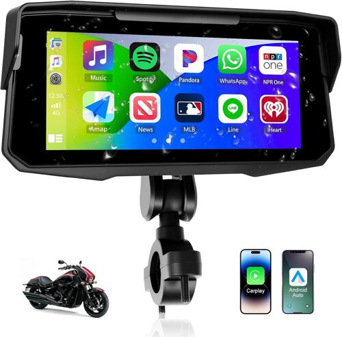 [Wireless] 6.86 Pouces 1280 * 480 HD Écran GPS Moto sans Fil CarPlay & Android Auto sans Fil, IP68, Bluetooth Moniteur Universel avec Réglage EQ pour Motos, Prise en Charge des Cartes TF