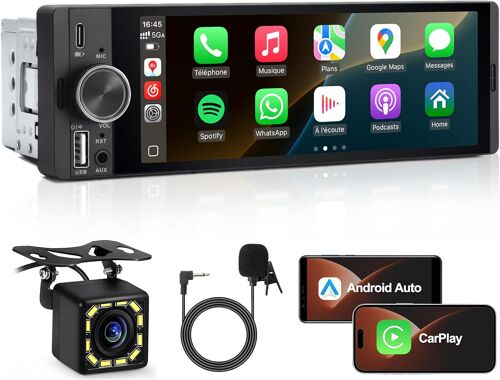 Autoradio 1 DIN, CarPlay Voiture & Android Auto sans Fil avec Caméra de Recul, Poste Radio Bluetooth Main Libre, 6,36"" Écran Tactile, Navigation GPS, Contrôle Vocal, AUX/FM, Mirror Link, USB Type-C