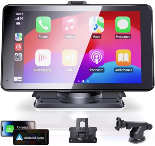 Autoradio Portable sans Fil CarPlay, écran Tactile HD de 7 Pouces pour Voiture avec Apple CarPlay et Android Auto, avec Mirror Link/caméra de recul/Siri/Bluetooth