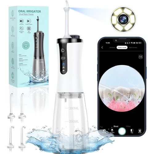 Jet Dentaire Avec Caméra, 1080p Hd Detartreur Dentaire, Jet Dentaire Hydropulseur 350ml Avec 2 Modes 12 Vitesses Et 5 Embouts De Jet, Faible Bruit Et Usb Chargé Pour Ios,Ipad Et Android(Blanc)